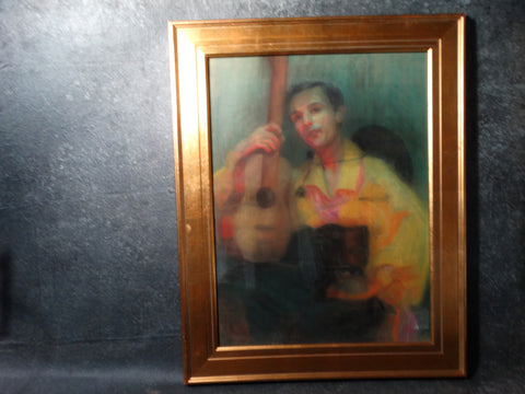 Eleanor Merriam Lukits - Oil Pastel on Board - The Guitarist - circa 1940s P2655
