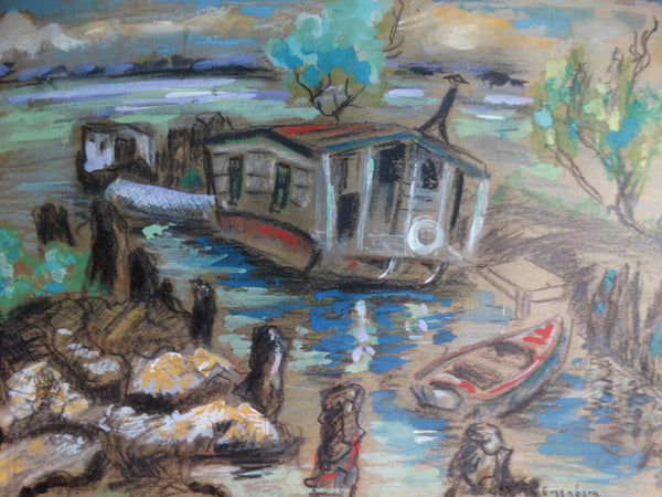 Meyer Greenberg Houseboat - Mixed Media on Paper circa 1940s P2701