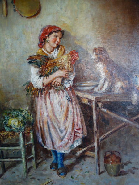 19th Century Italian Oil on Canvas Girl with Pet Rooster and Dog P2714
