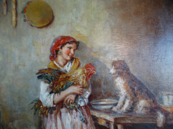 19th Century Italian Oil on Canvas Girl with Pet Rooster and Dog P2714