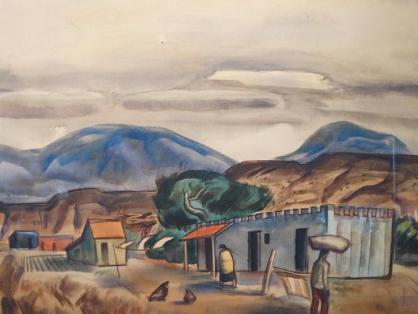 Watercolor of a Village in New Mexico  c 1930s P2718