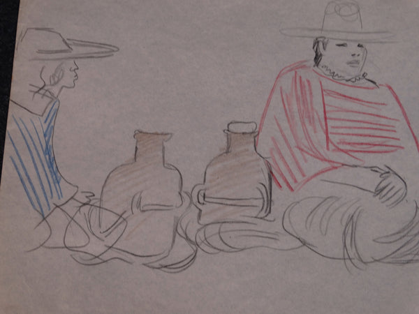 Alberto Beltrán - Drawing of Two Sellers at the Market Place with Pots - P2795