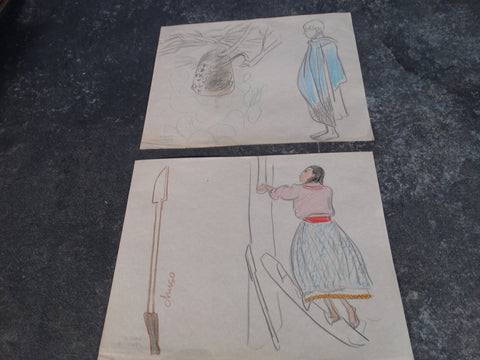 Alberto Beltrán  Pair of Drawings - Color Pencil - Studies for Illustrations - Market Figures  P2816