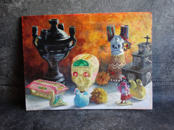 Alfonso Tirado Oil on Canvas Still Life with Sugar Skull P2827