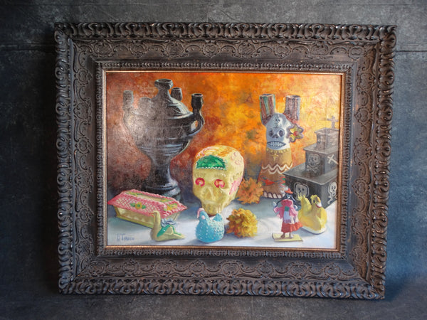 Alfonso Tirado Oil on Canvas Still Life with Sugar Skull P2827
