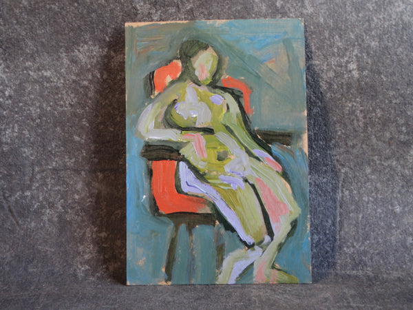 Marie Cofalka - Seated Nude Figure on Red Chair - Oil on Board P2862