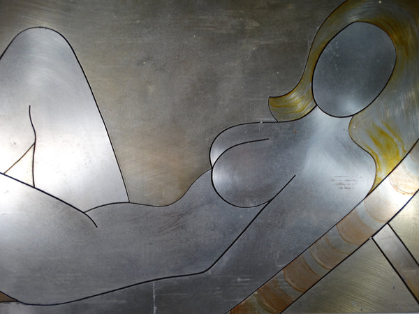 Denis G Barrington - 1960s Reclining Nude - Tinted Brushed Steel Inlaid on Masonite P2894