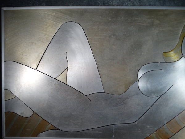 Denis G Barrington - 1960s Reclining Nude - Tinted Brushed Steel Inlaid on Masonite P2894