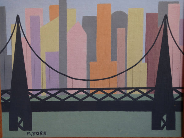 M. York - Modernist Manhattan Skyline and Bridge - Oil on Board P2898