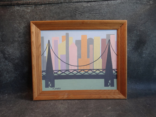 M. York - Modernist Manhattan Skyline and Bridge - Oil on Board P2898