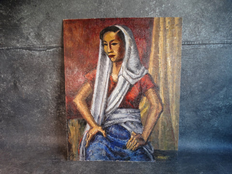 E. Sotello - Mexican Modernist Portrait of a Woman - Oil on Canvas Board - 1950s P2902
