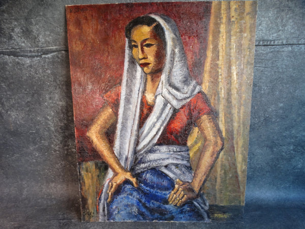 E. Sotello - Mexican Modernist Portrait of a Woman - Oil on Canvas Board - 1950s P2902