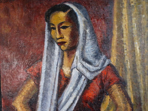 E. Sotello - Mexican Modernist Portrait of a Woman - Oil on Canvas Board - 1950s P2902