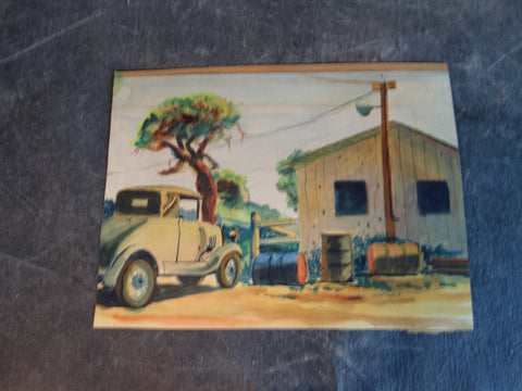 Regionalist Watercolor - Car Parked By The Barn c 1940s P2916