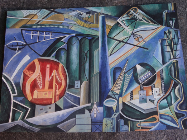 Modernist/Cubist Industrial Landscape, Pittsburgh by Fred Runco 1941 - Mixed Media on Illustration Board P2924