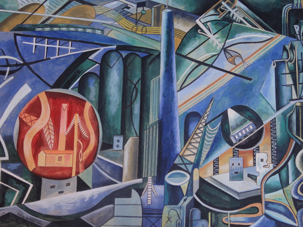 Modernist/Cubist Industrial Landscape, Pittsburgh by Fred Runco 1941 - Mixed Media on Illustration Board P2924