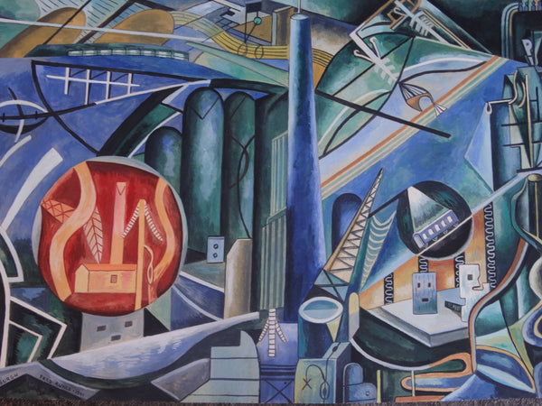 Modernist/Cubist Industrial Landscape, Pittsburgh by Fred Runco 1941 - Mixed Media on Illustration Board P2924