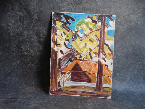 Conrad Buff - Log Cabin in Mountains - Painting on Board 1952 P2926