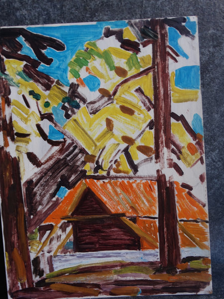 Conrad Buff - Log Cabin in Mountains - Painting on Board 1952 P2926