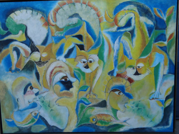 Miguel Angel Toledo Lopez - Los Gatos y Niños - Mexican Modernist Oil on Canvas P2932