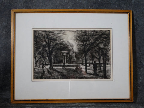 Signed Zuñiga - Charcoal On Paper of a Mexico City Park at Night 1939 - P2934