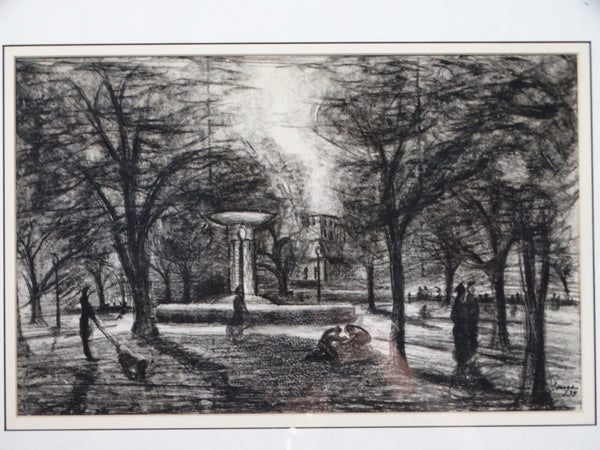 Signed Zuñiga - Charcoal On Paper of a Mexico City Park at Night 1939 - P2934