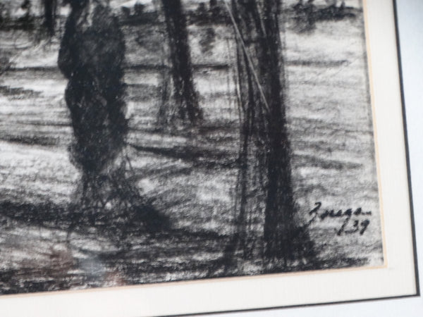 Signed Zuñiga - Charcoal On Paper of a Mexico City Park at Night 1939 - P2934