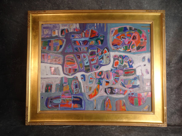 Sherry Schrut Mid-Century Blue and Red Abstract Oil on Board 1960 P2941