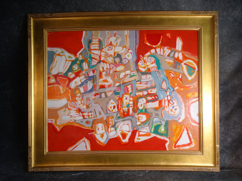 Sherry Schrut Mid-Century Scarlet Abstract Oil on Board 1960 P2942