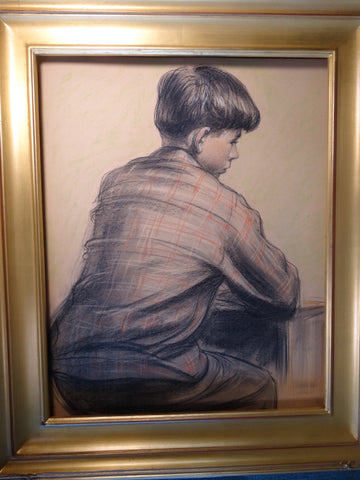 David Hendrickson Portrait of a Boy in a Plaid Shirt - 1940s Drawing P2952