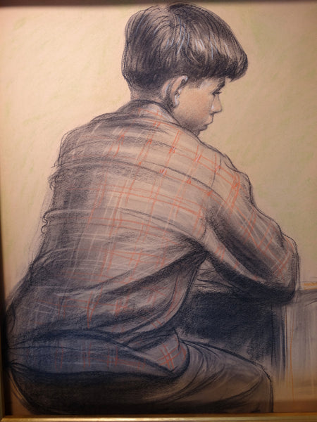 David Hendrickson Portrait of a Boy in a Plaid Shirt - 1940s Drawing P2952