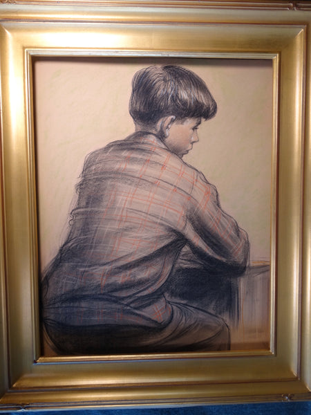 David Hendrickson Portrait of a Boy in a Plaid Shirt - 1940s Drawing P2952