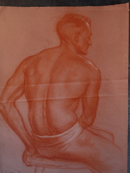 David Hendrickson - Seated Male, Semi-Nude, 1940s - Drawing P2953