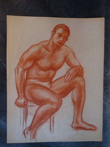 David Hendrickson - Seated Male, Semi-nude Figure Study 1940s- Drawing P2955