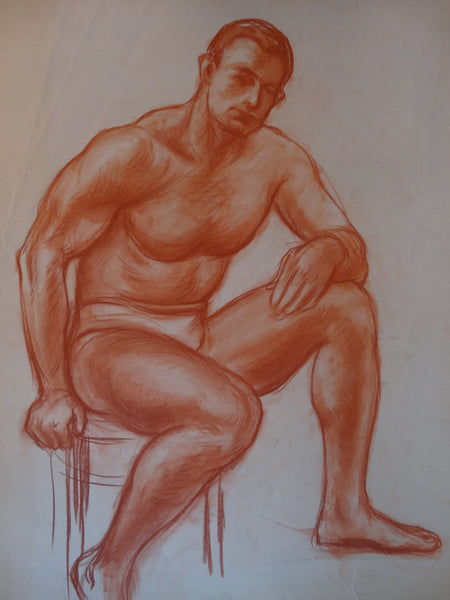 David Hendrickson - Seated Male, Semi-nude Figure Study 1940s- Drawing P2955