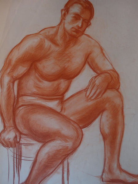 David Hendrickson - Seated Male, Semi-nude Figure Study 1940s- Drawing P2955