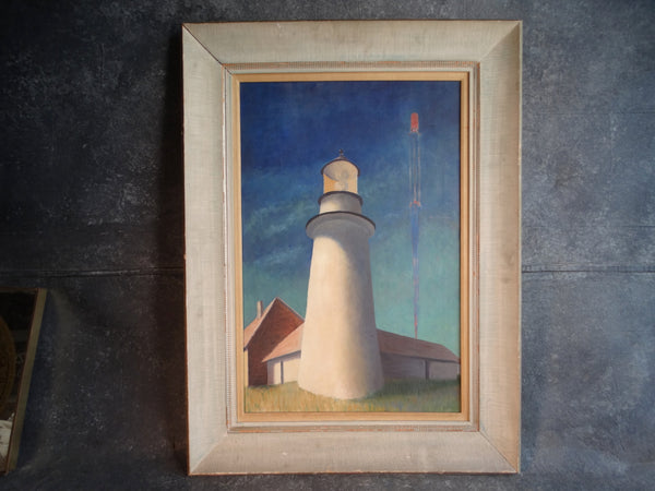 WPA-era Painting of a Lighthouse circa 1940s Oil on Canvas P2970