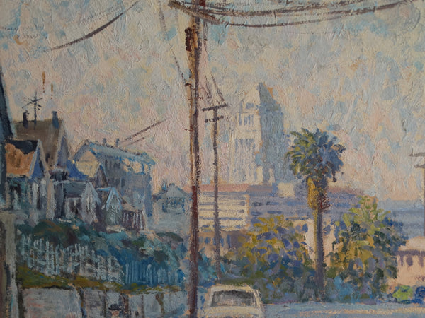 Werner Seeholzer - View of City Hall Los Angeles from Lincoln Heights - 1950s Oil on Wood P3003