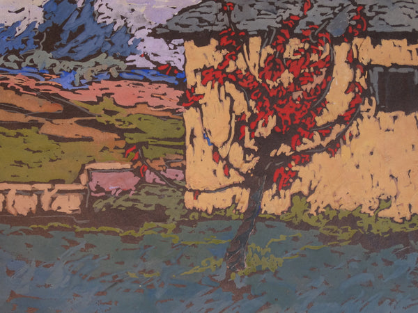 Annita Delano - Tree in Red Leaf, Yellow House - Gouache on Black Paper P3040