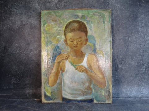 Naoyasu Harada - Boy and Locust - Oil on Canvas c 1930s-40s P3056
