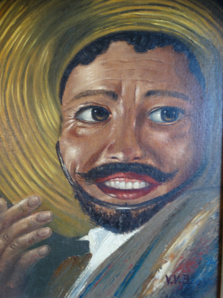 Man In A Sombrero  - Folk Art -Oil on Board Circa 1940s P3064