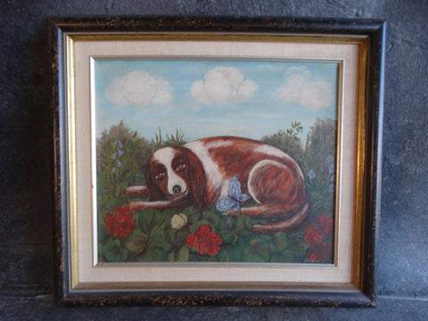 Lew Hudnall - Folk Art Painting of a Dog in the Geraniums with a Butterfly 1963 P3065