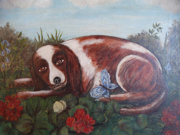 Lew Hudnall - Folk Art Painting of a Dog in the Geraniums with a Butterfly 1963 P3065