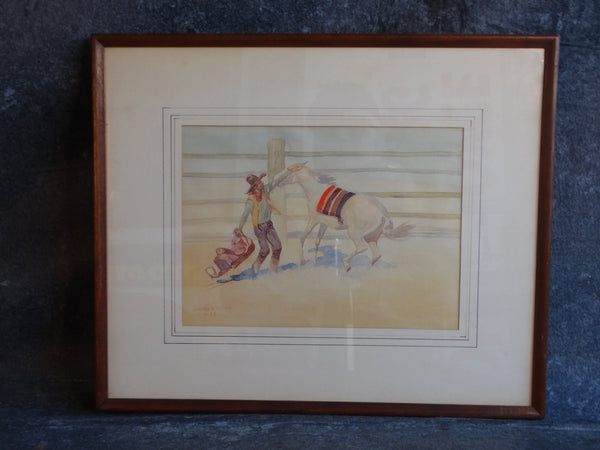 Leonard Howard Reedy (1899 - 1956)  - Cowboy Trying to Saddle his Pony - Watercolor P3085