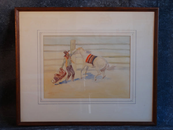 Leonard Howard Reedy (1899 - 1956)  - Cowboy Trying to Saddle his Pony - Watercolor P3085