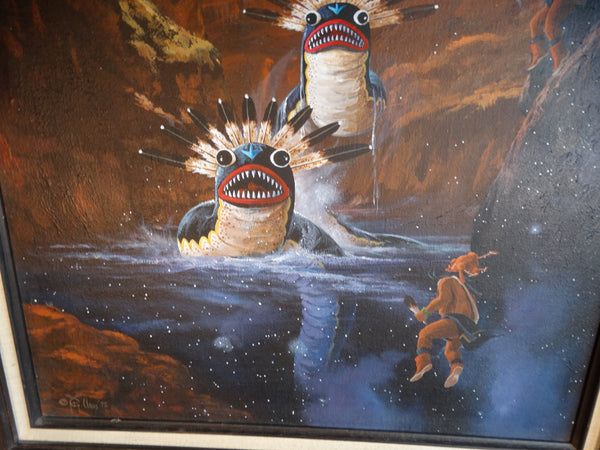 Ted Claus Mythological Hopi Painting - Guardian Snake Spirits - 1975 Oil on Canvas P3104