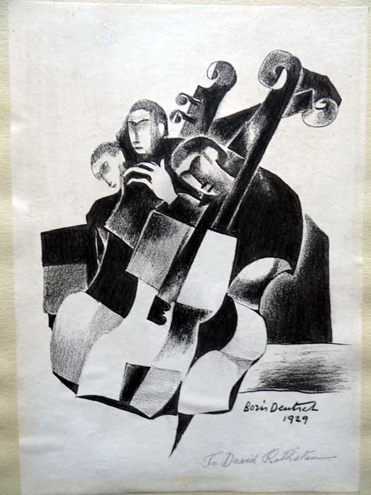 Boris Deutsch (1892-1978) Charcoal over Block Print of Cellists 1929