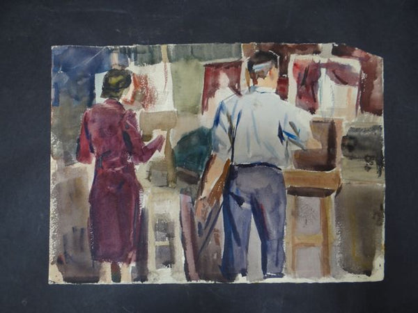 Joseph L Deitch Watercolor: Artists Painting Side by Side #2 1930s-40s