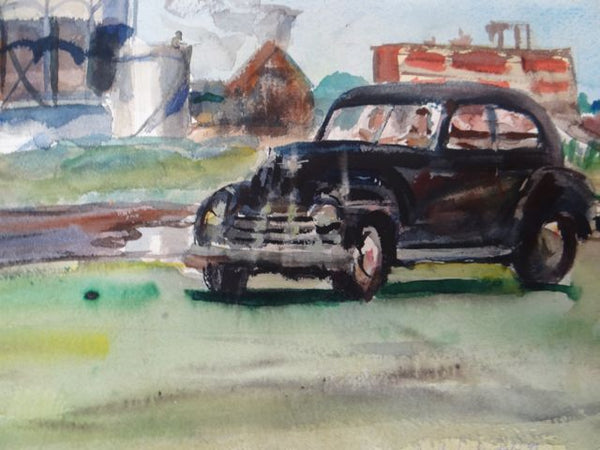 Joseph L Deitch Watercolor: Dark Sedan, Industrial Outskirts circa 1941