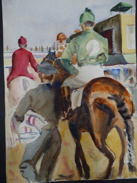 Joseph L Deitch Watercolor: Racetrack Scene, Horses and Jockeys 1930s-40s